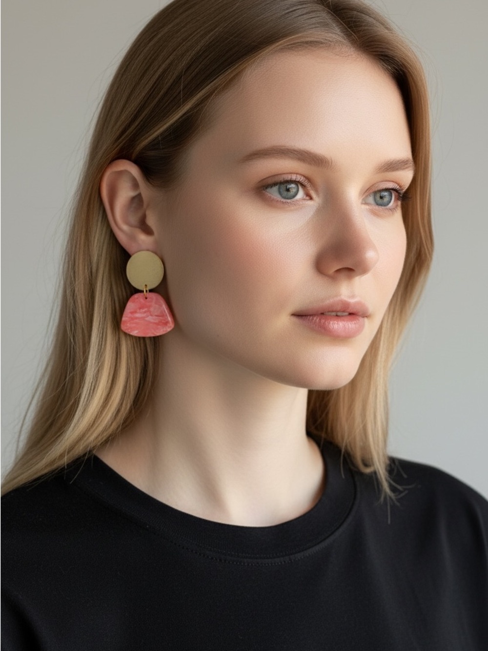 9/27 Gold and Coral Pink Drop Earrings - Modern Statement Jewelry